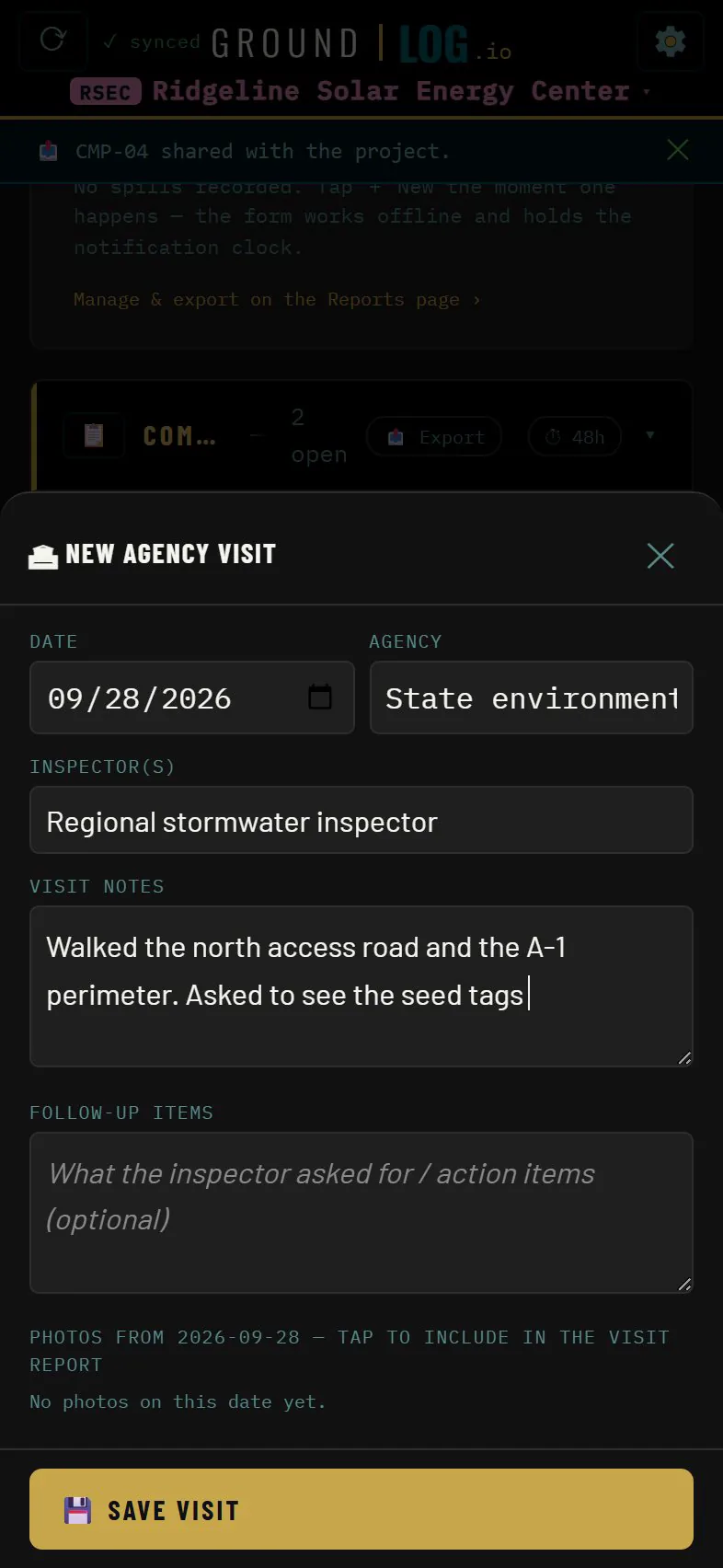 New agency visit form with the agency, the inspector and visit notes