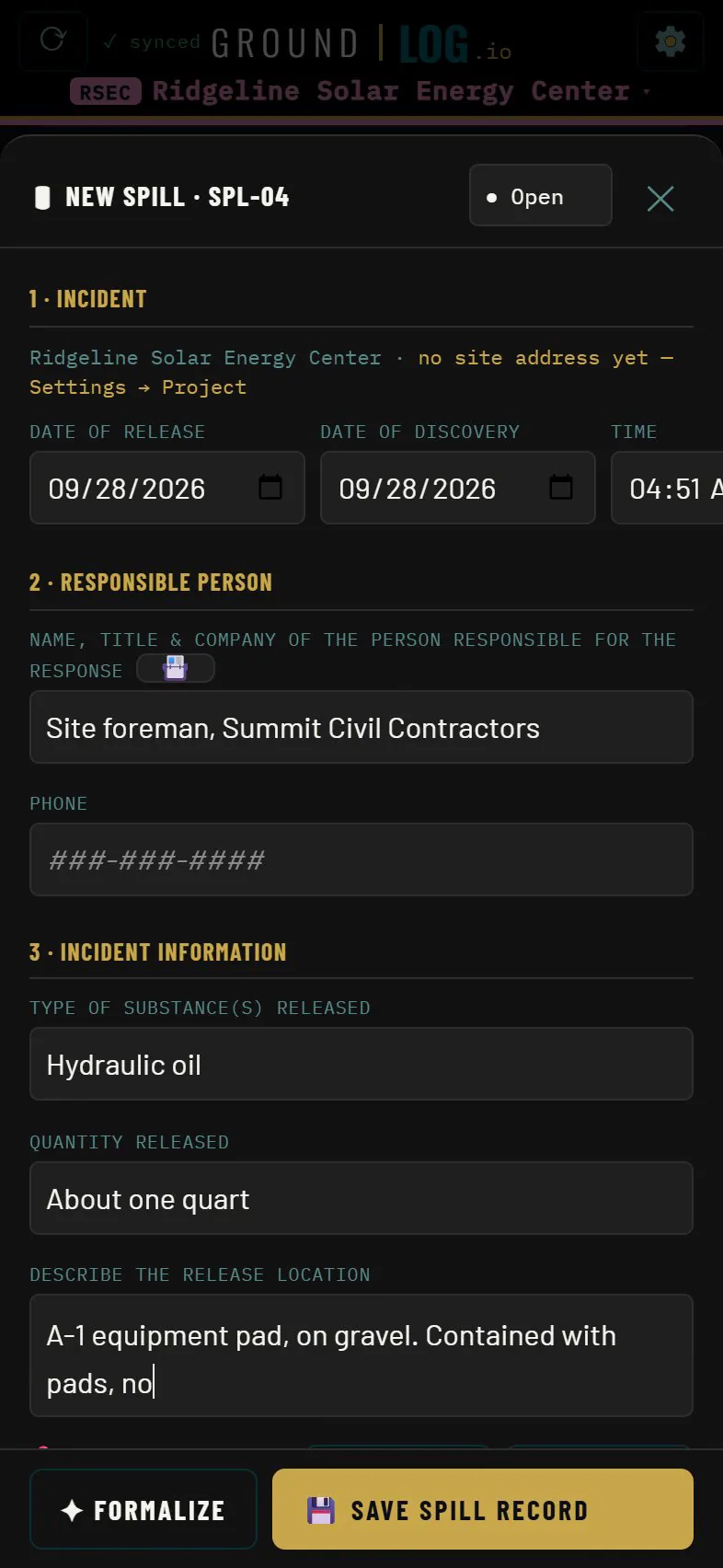 New spill record form with the responsible person, the substance and the quantity