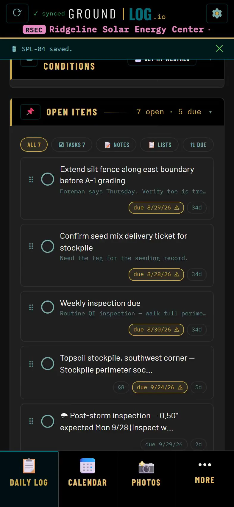 Open items list with due dates