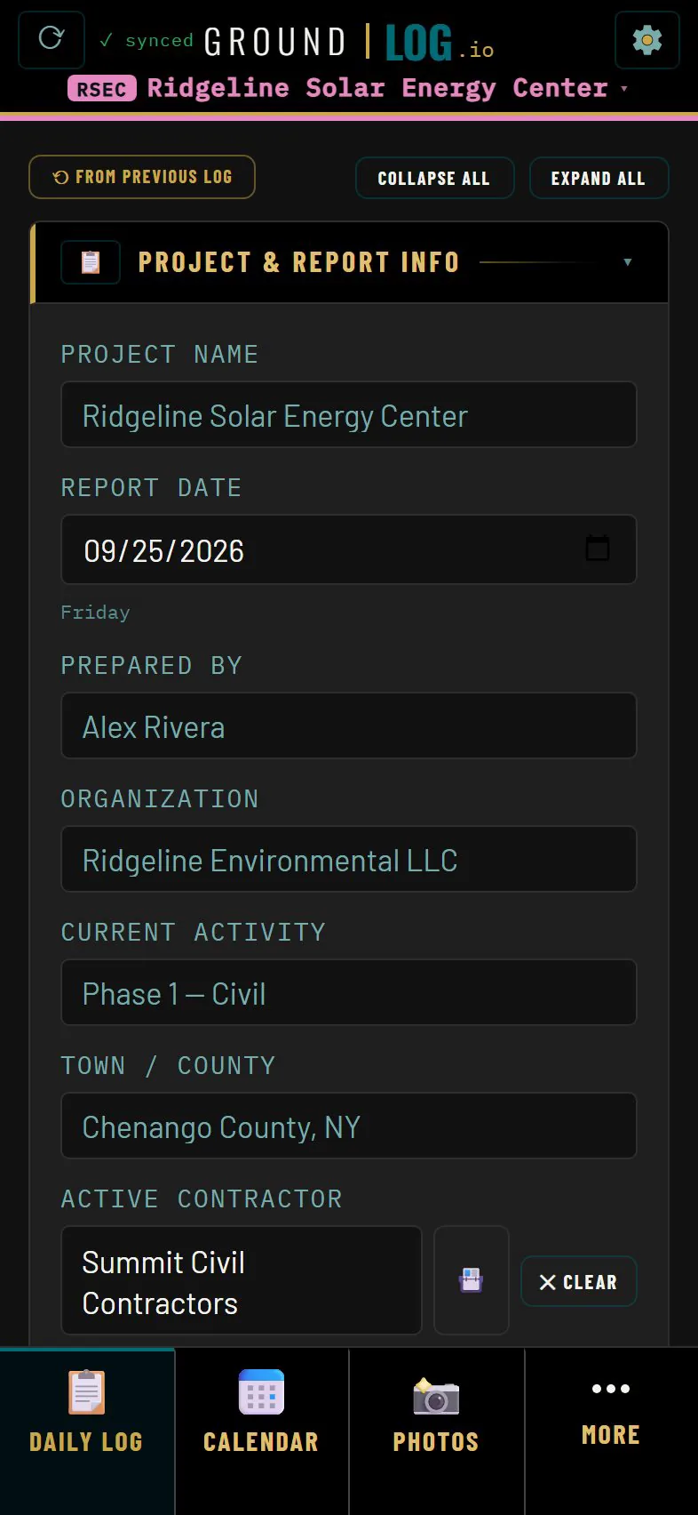 Daily log with the Project and Report Info card filled in for the demo project