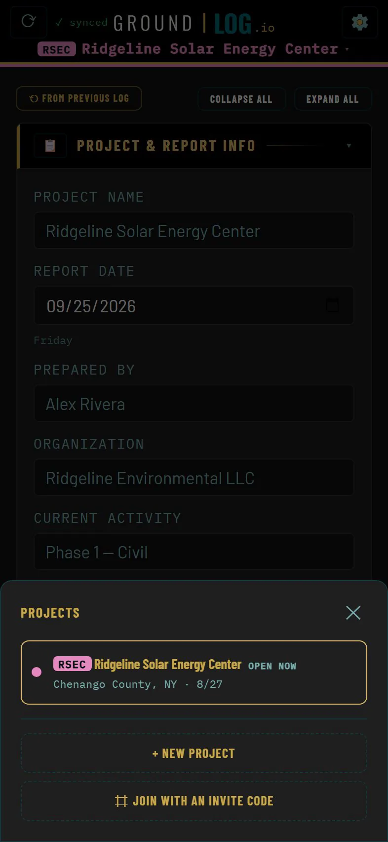Project list opened from the project chip at the top of the app