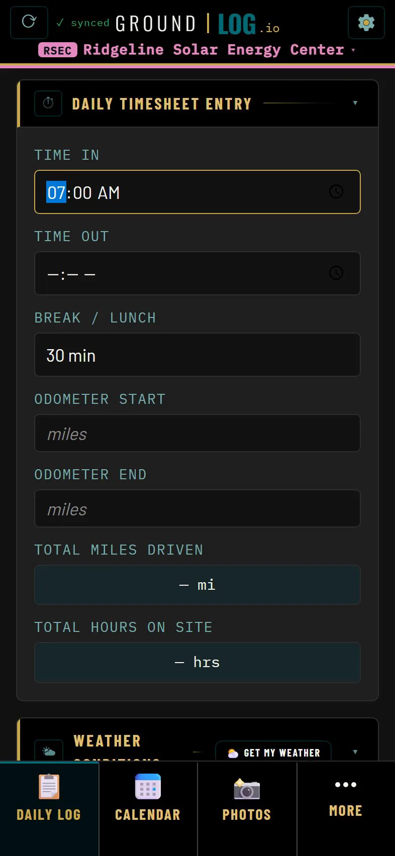 Daily timesheet card with time in at 7:00 AM and a 30 minute lunch