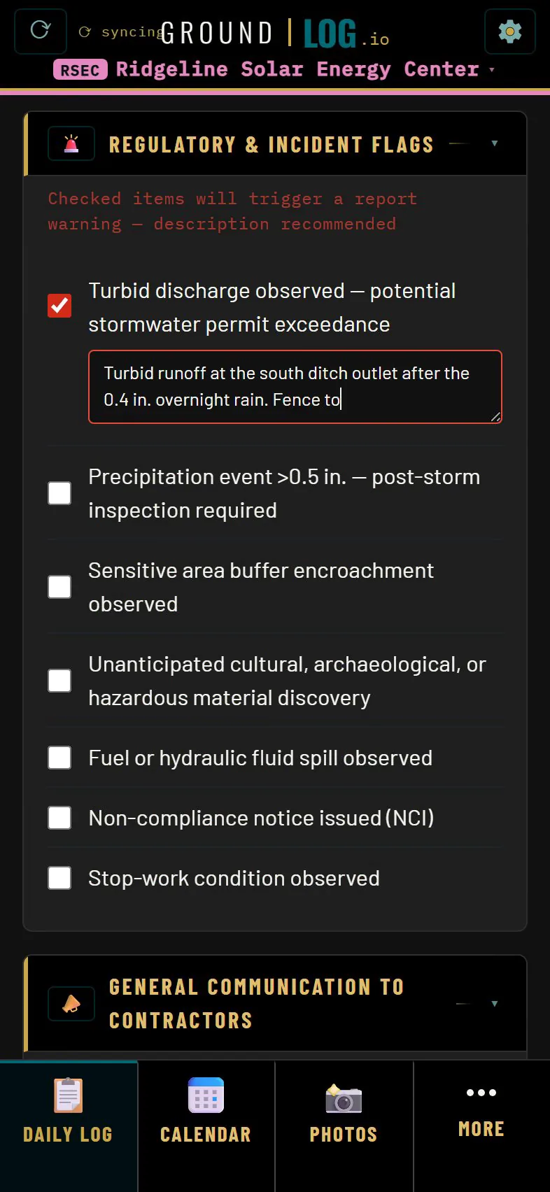 Regulatory and incident flags with a turbid discharge flag checked and a note typed