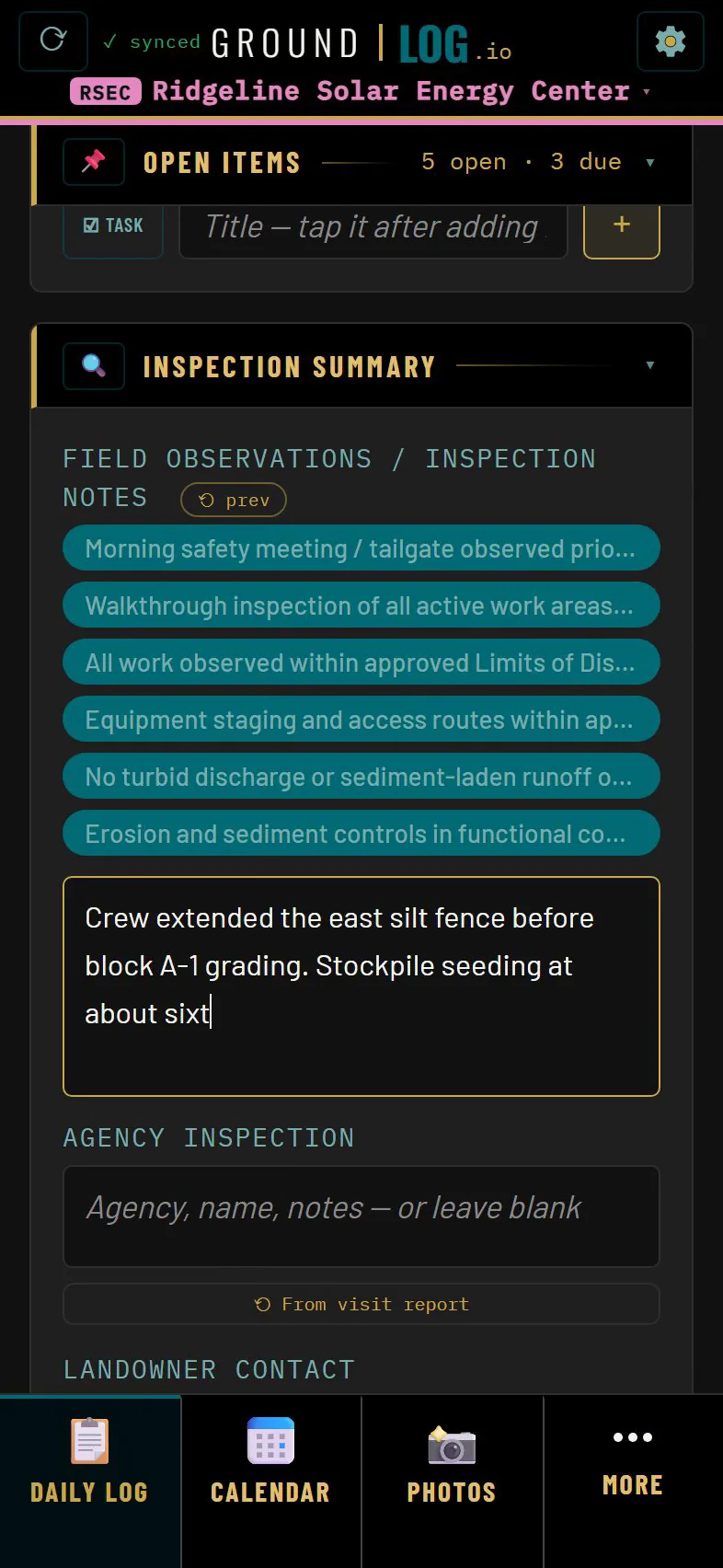 Inspection summary card with observation chips and a note being typed