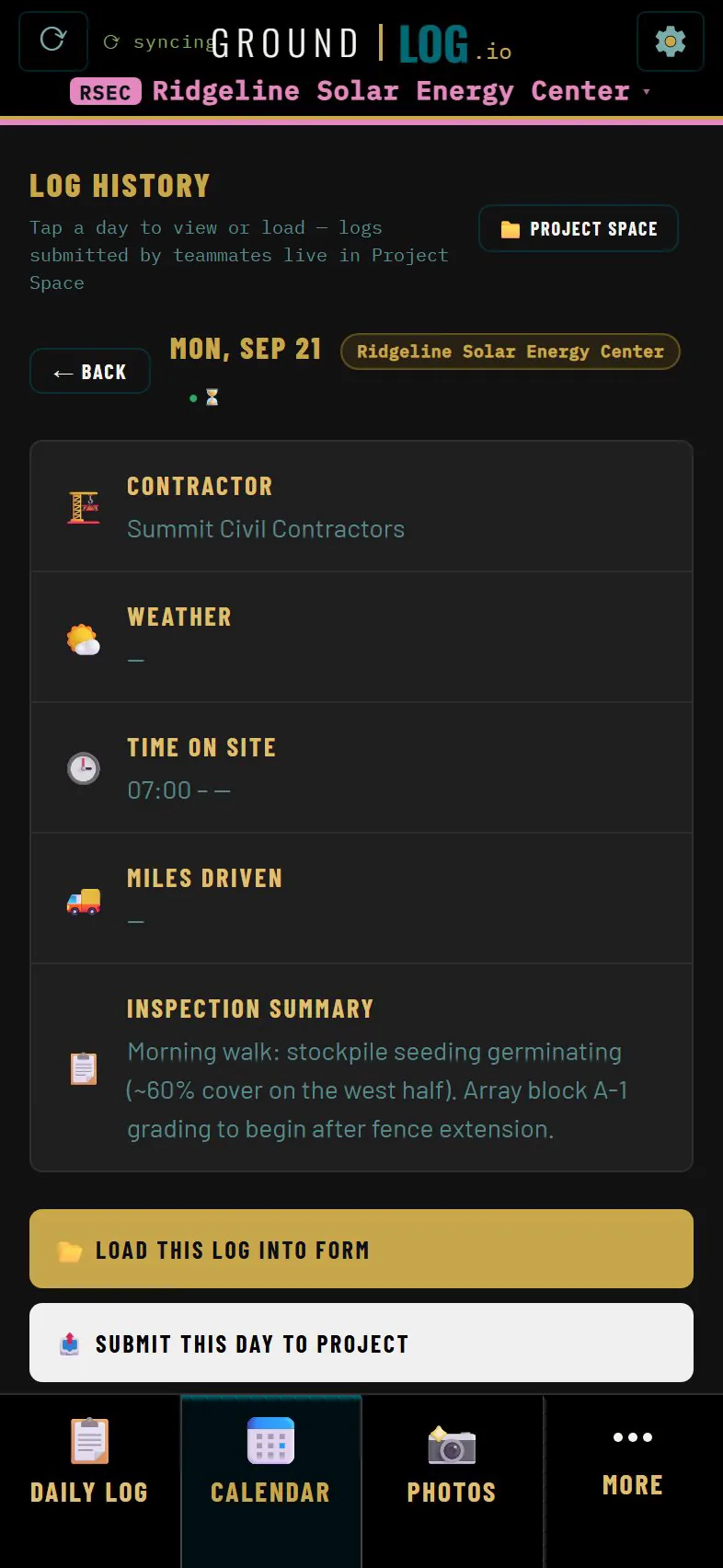Calendar day view of an earlier log with its contractor, hours and summary