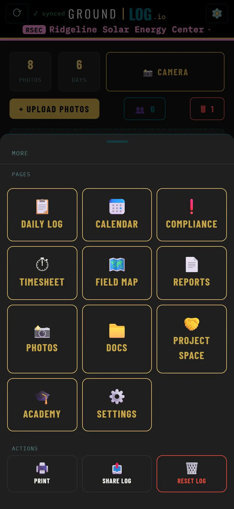 More menu showing every page: daily log, calendar, compliance, timesheet, field map, reports, photos, docs, project space, academy and settings