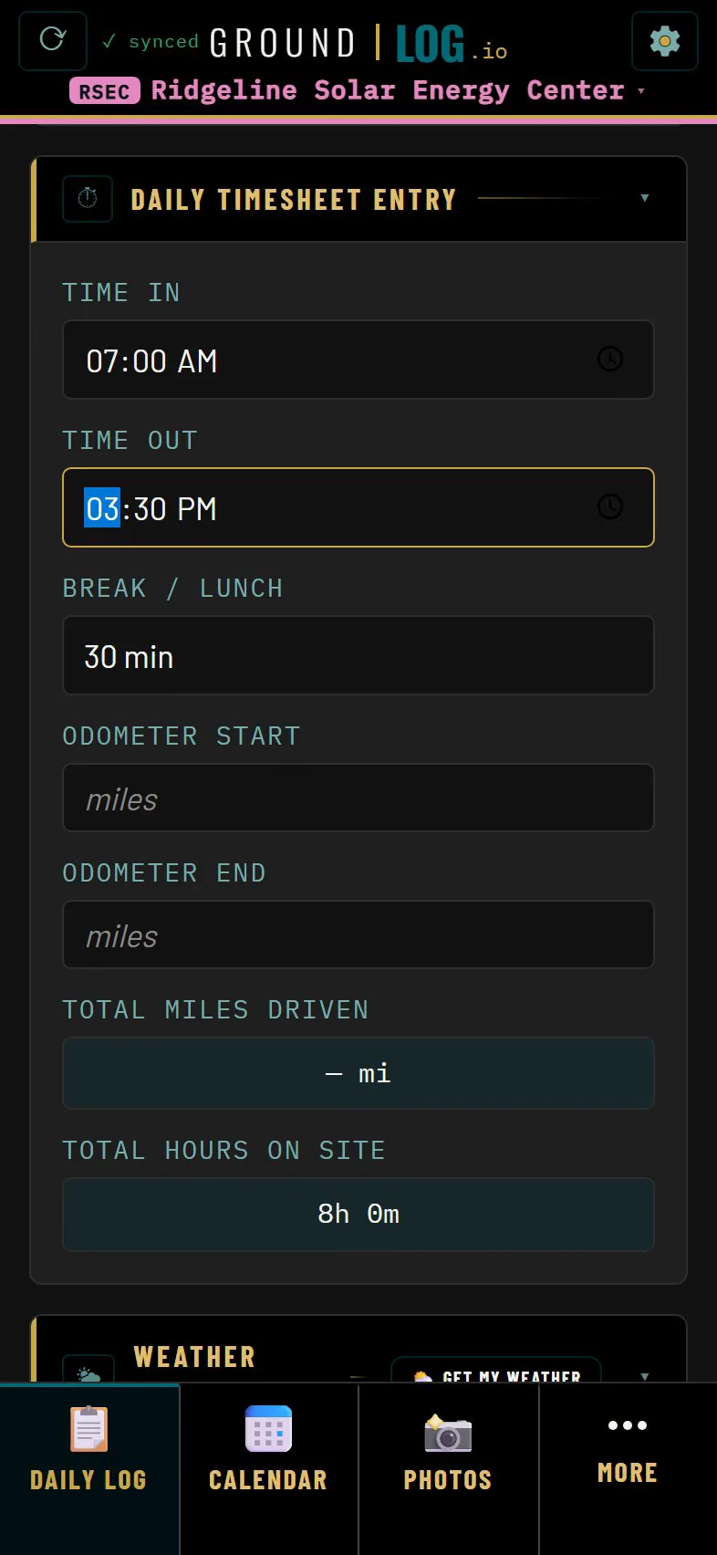 Timesheet card with time out at 3:30 PM and 8 hours on site