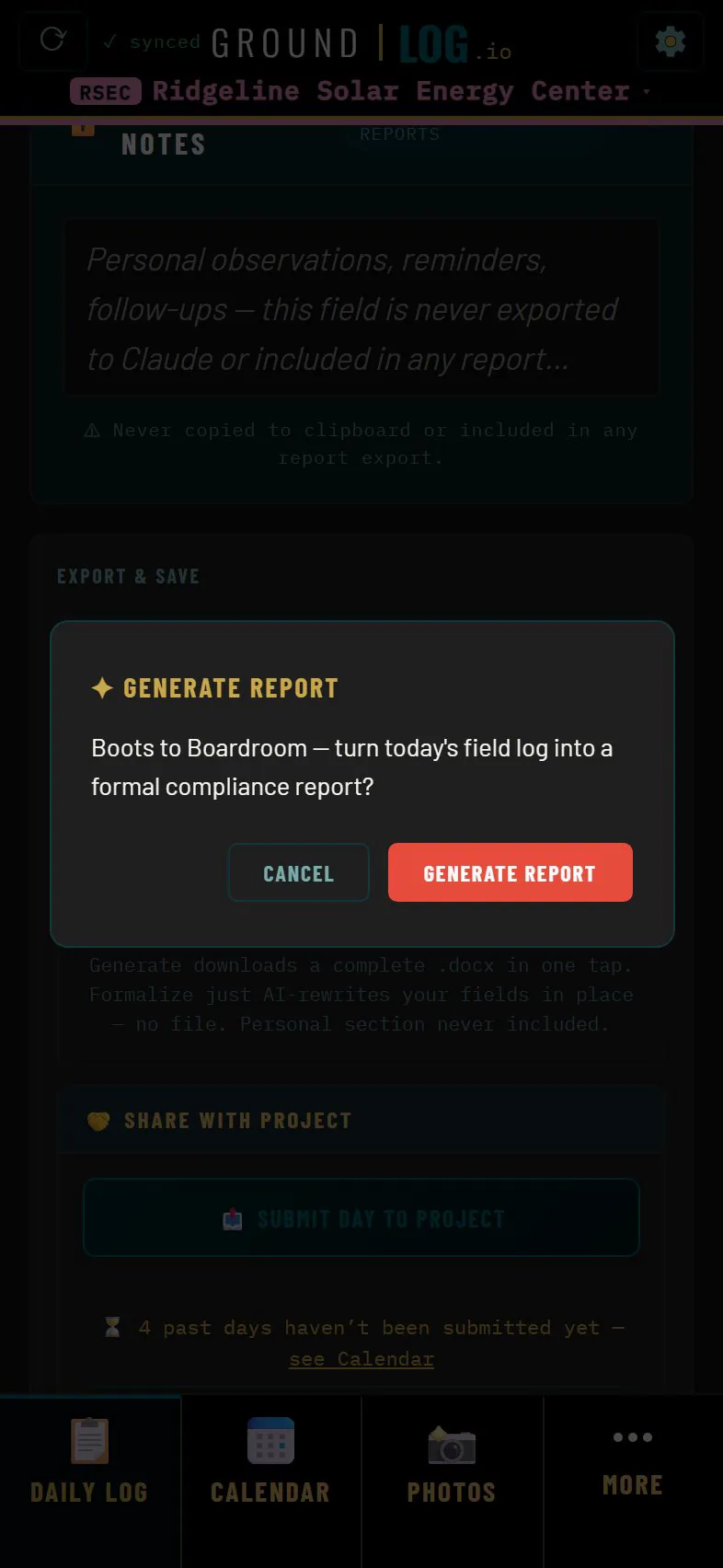 Generate report prompt: turn today's field log into a formal compliance report