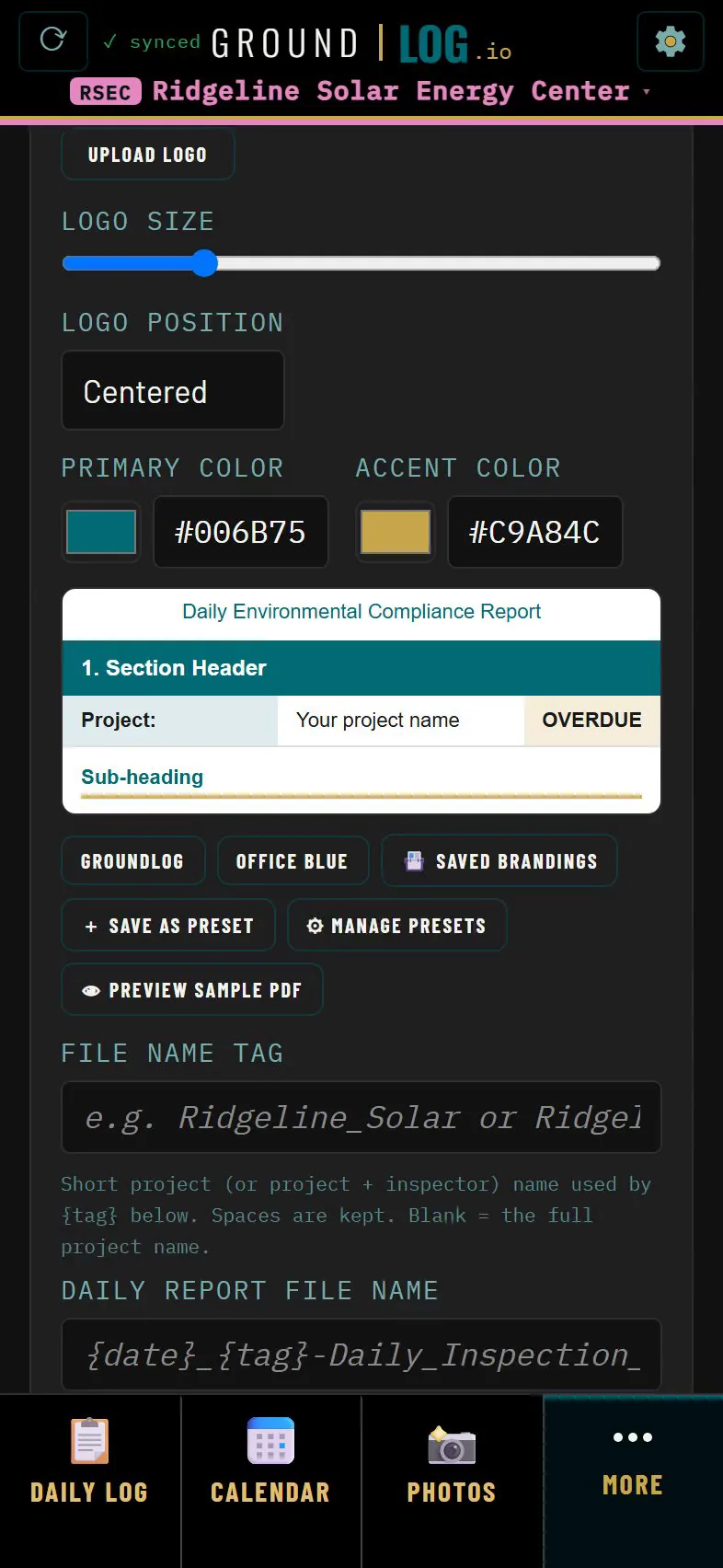 Report branding settings with logo size, primary and accent colors and a sample report header