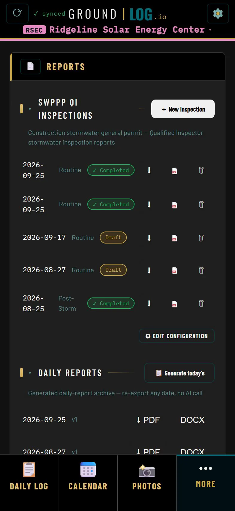 Reports page with inspections and the archive of daily reports as PDF and Word files