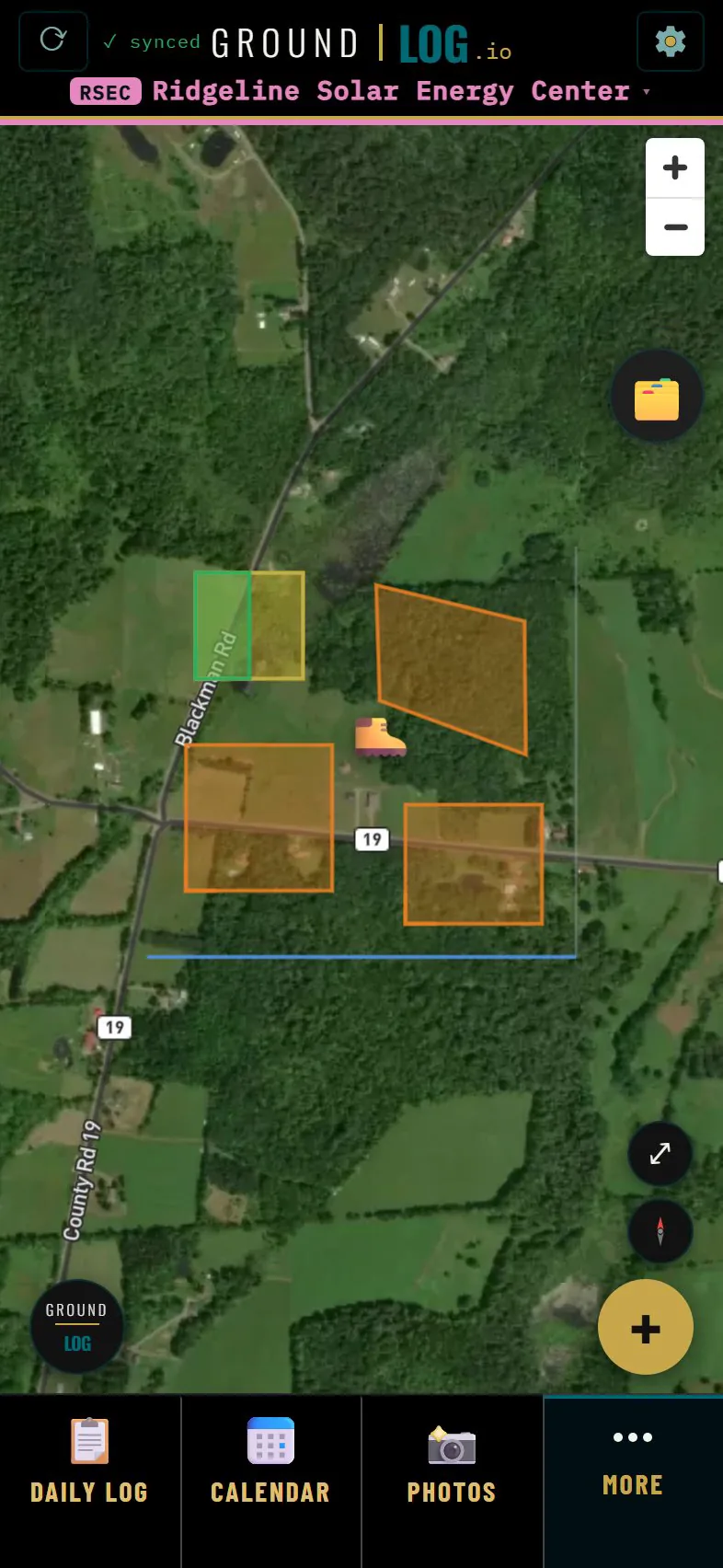 Satellite field map of the demo site with drawn disturbance and seeding areas