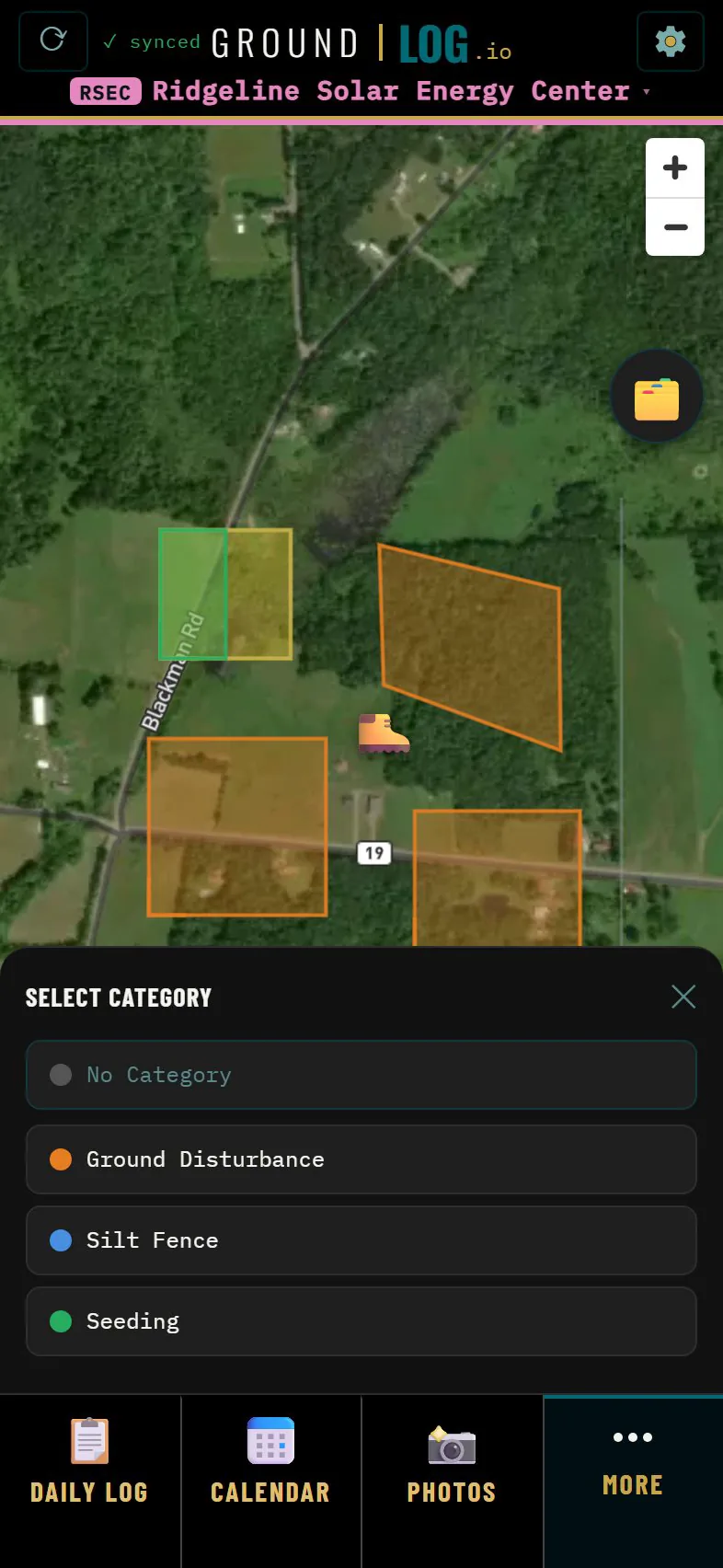 Category picker over the map: ground disturbance, silt fence and seeding