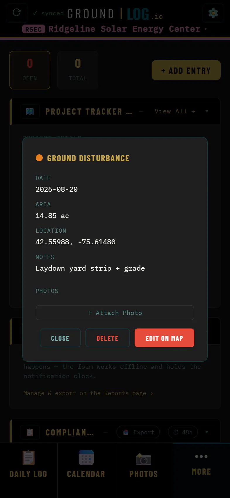 Layer details for a ground disturbance area: date, 14.85 acres, coordinates and notes