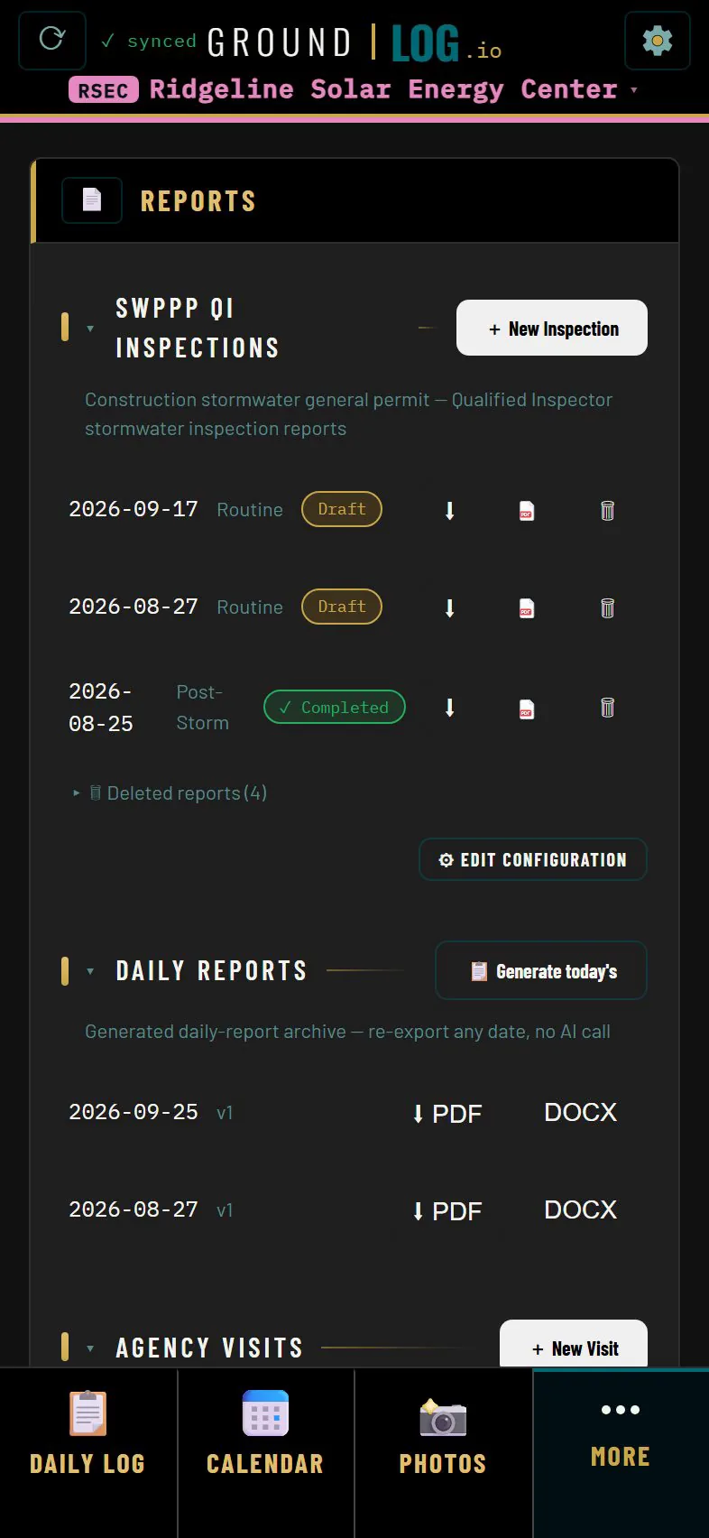 Reports page with the running list of stormwater inspections, each marked draft or completed