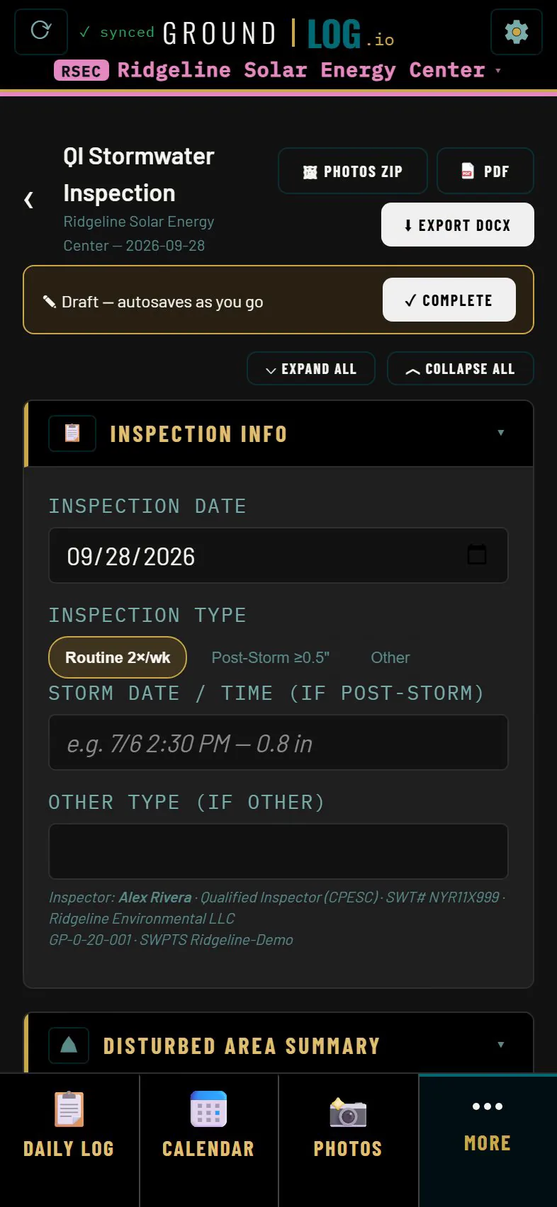 A new stormwater inspection with the inspection info section and the inspector line filled in