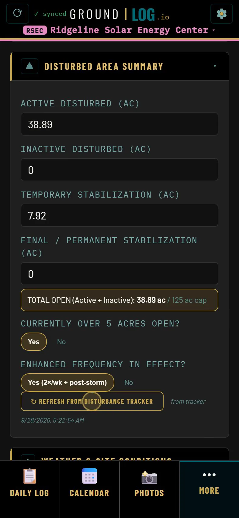 Disturbed area summary with acres by state and the refresh from tracker button