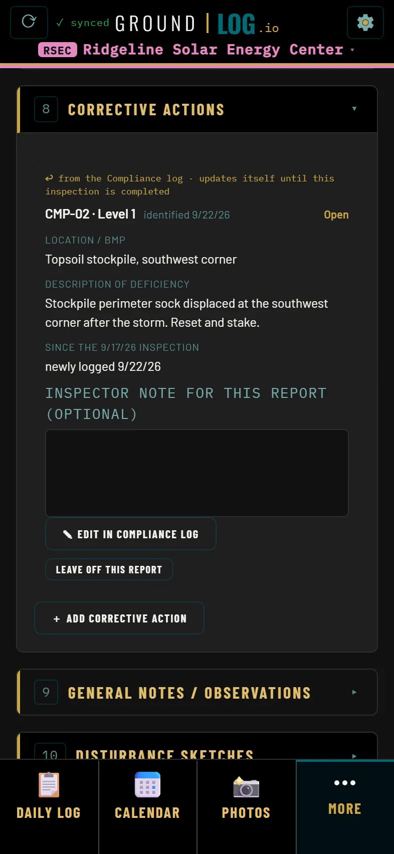 Corrective actions section carrying an open item from the compliance log