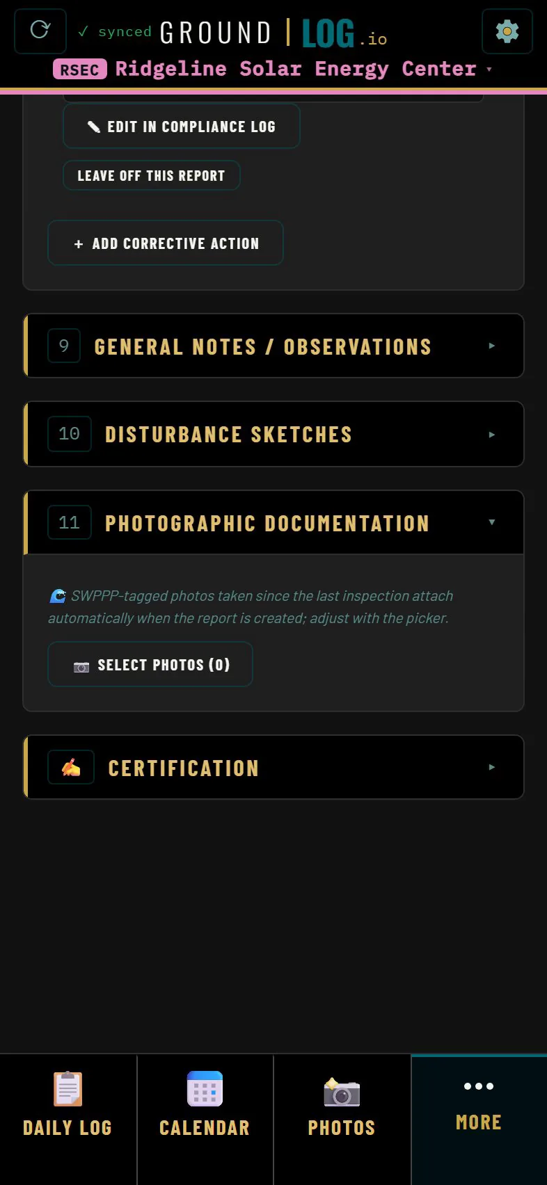 Photographic documentation section of the inspection