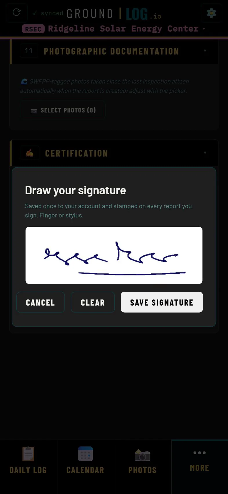 Signature pad with a signature drawn on the screen