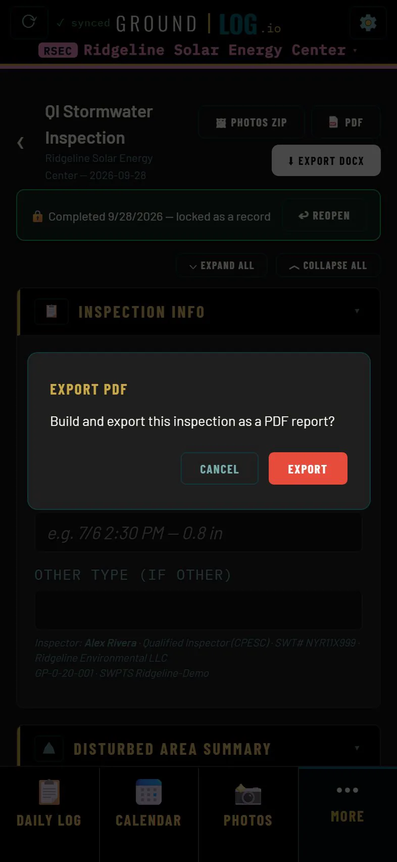 Export PDF prompt over a completed and locked inspection