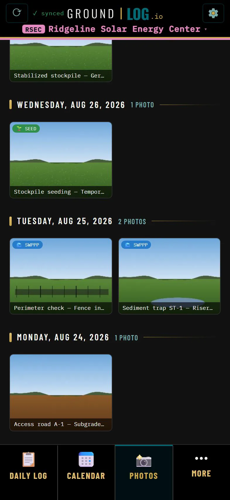 Photos page grouped by date, newest first