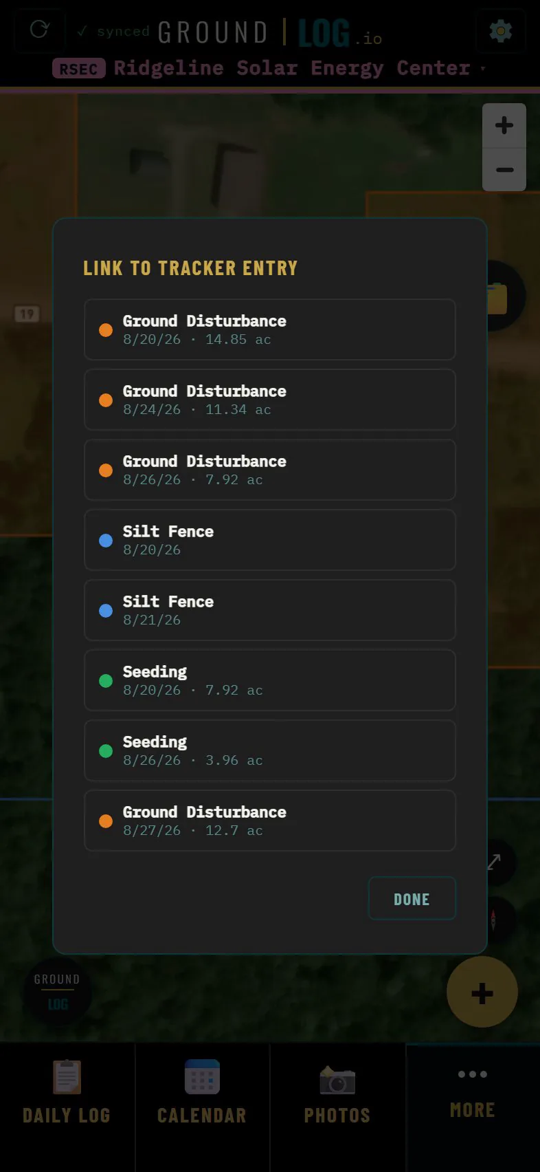 List of tracker entries to link the photo to