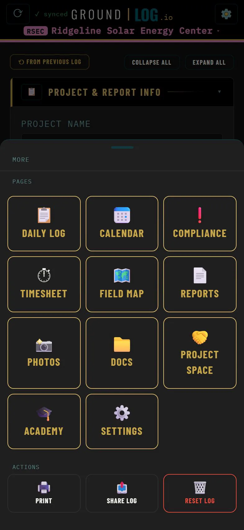 More menu showing every page of the app