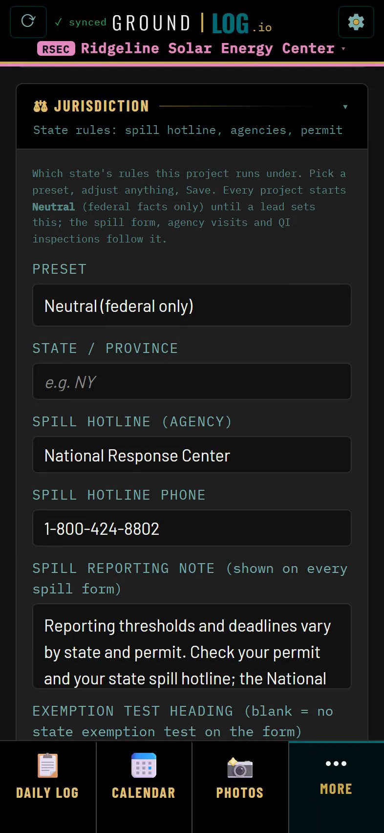 Jurisdiction settings: preset, state, spill hotline and reporting note