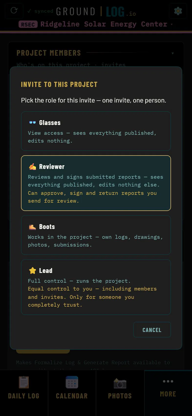 Invite dialog with four roles: Glasses, Reviewer, Boots and Lead