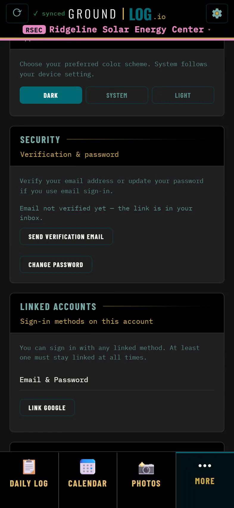 Account settings: appearance, security and linked sign in methods