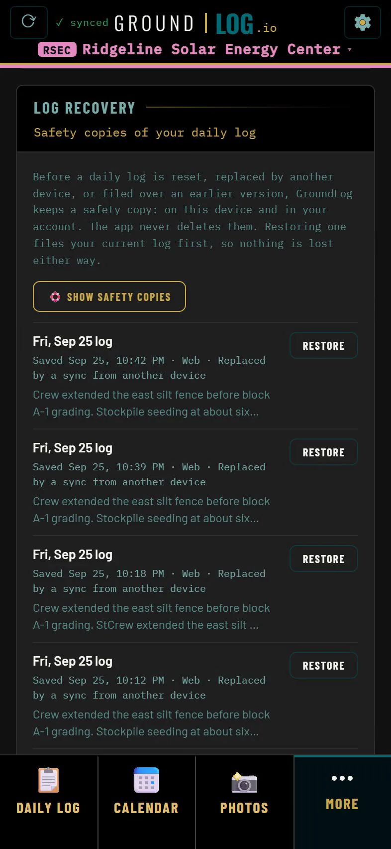 Log Recovery list of safety copies of daily logs, each with a Restore button